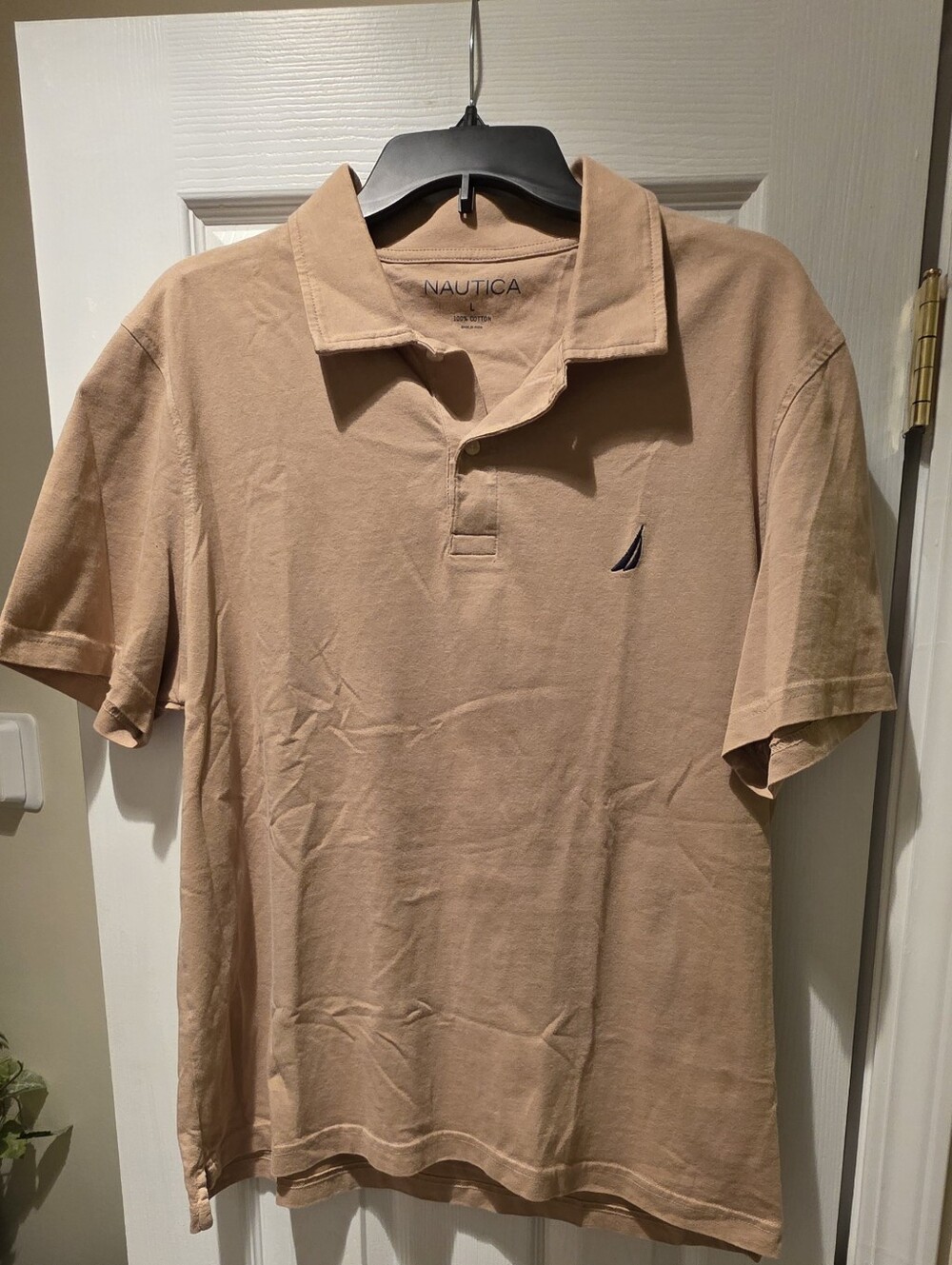 Nautica Men's Polo Shirt in Tan with Navy Sailboat Logo
